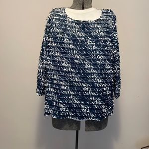 Top, Coldwater Creek,  3X (24W-26W), ruffled blue/white. Excellent condition.